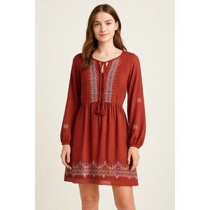 Knox Rose Boho Peasant Dress Women’s S Red Embroidered Tassel Long Sleeve